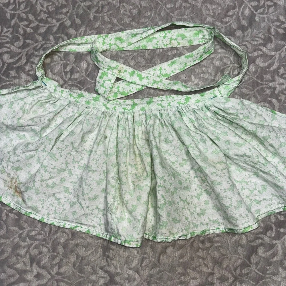 Vintage Green White Floral Calico Half Apron Cottagecore Retro Gathered Waist‎